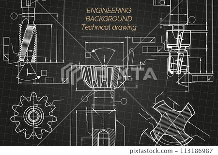 Mechanical engineering drawings on black background. Tap tools, borer. Technical Design. Cover. Blueprint. Vector illustration. 113186987