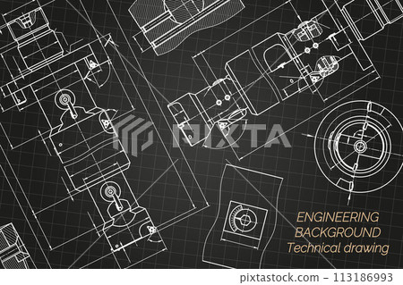 Mechanical engineering drawings on black background. Tap tools, borer. Technical Design. Cover. Blueprint. Vector illustration. 113186993