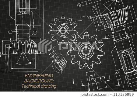 Mechanical engineering drawings on black background. Tap tools, borer. Technical Design. Cover. Blueprint. Vector illustration. 113186999