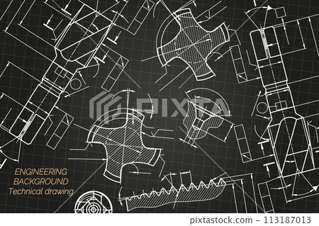 Mechanical engineering drawings on black background. Tap tools, borer. Technical Design. Cover. Blueprint. Vector illustration. 113187013