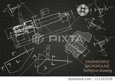 Mechanical engineering drawings on black background. Tap tools, borer. Technical Design. Cover. Blueprint. Vector illustration. Mechanical engineering drawings on black background. Tap tools, borer. Technical Design. Cover. Blueprint. Vector illustration. 113187039