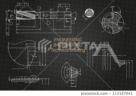 Mechanical engineering drawings on black background. Tap tools, borer. Technical Design. Cover. Blueprint. Vector illustration. 113187041