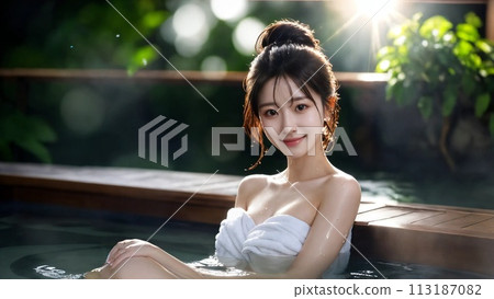A woman soaking in a hot spring at night 113187082