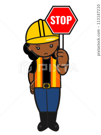 Black female construction worker holding a stop sign 113187210