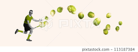 Monochrome man playing tennis with Brussels sprouts, wearing green shirt and socks isolated on white background. Contemporary art collage 113187384