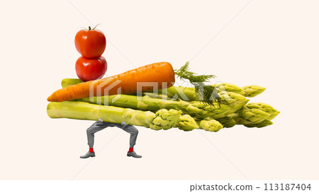 Monochrome male legs lifting large vegetables, tomatoes, asparagus and carrots isolated on white background. Contemporary art collage Monochrome male legs lifting large vegetables, tomatoes, asparagus and carrots isolated on white background. Contemporary art collage 113187404