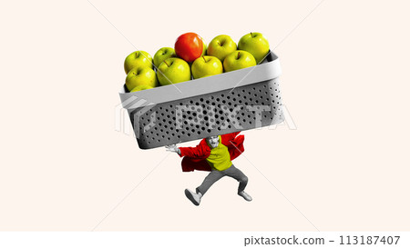 Man in stylish clothes carrying heavy giant basket with fresh green and red apples isolated on white background. Contemporary art collage Man in stylish clothes carrying heavy giant basket with fresh green and red apples isolated on white background. Contemporary art collage 113187407