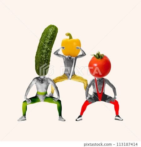 Three monochrome male athletes with colorful cucumber, tomato, and bell pepper heads isolated on white background. Contemporary art collage 113187414