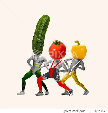 Three monochrome male athletes with colorful cucumber, tomato, and bell pepper heads isolated on white background. Contemporary art collage 113187417