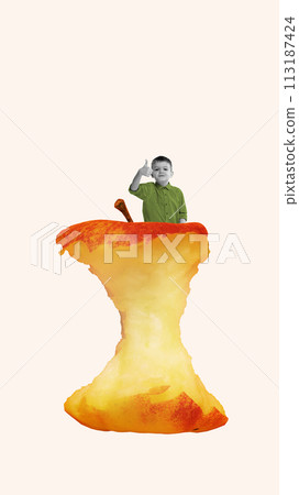 Monochrome image of little boy, child showing good gesture against apple cores isolated on white background. Contemporary art collage 113187424