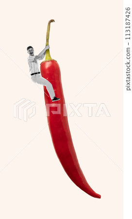 Monochrome image of young man sitting on long red chili pepper isolated on white background. Contemporary art collage. Spicy 113187426