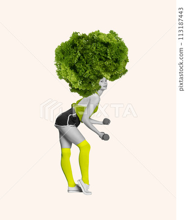Young sportive woman with lettuce head lifting dumbbells, training isolated on white background. Contemporary art collage 113187443