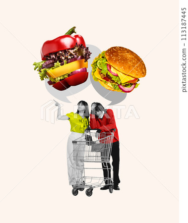Man and woman with shopping cart point at thought bubbles with vegetable burger and beef burger isolated on white background. Contemporary art collage 113187445
