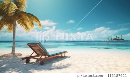 Sun lounger under palm tree on ocean shore overlooking island 113187621