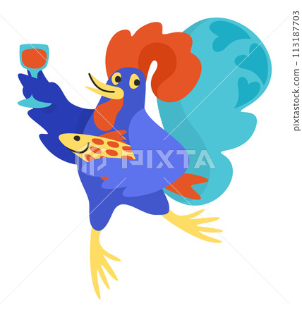 Portuguese rooster of Barcelos with wine and sardine. Vector isolated illustration. 113187703