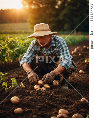 Happy male farmer holding fresh beautiful potato growing in fertile soil on farm bed 113187783