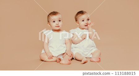 Happy cute two twin babies sitting on the floor on brown studio background 113188015