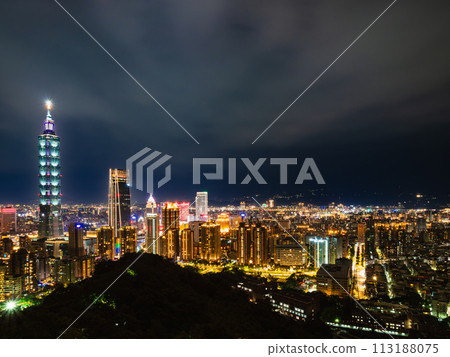 Taiwan Taipei 101 and Xinyi New City skyscrapers night view 113188075