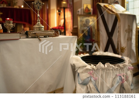 Baptismal font in a Christian church 113188161