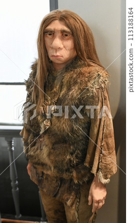 Wax figure of a Neanderthal with long hair in skins 113188164