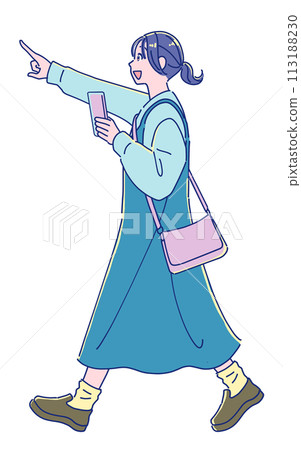 Anime style girl walking pointing ahead 113188230
