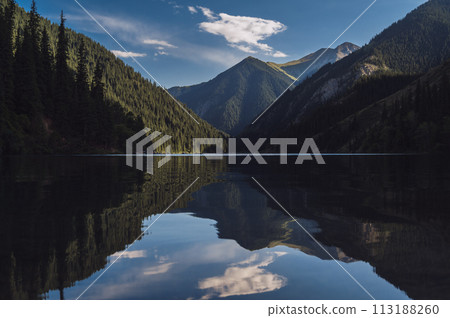 landscape with Lake Kolsai in Tien Shan mountains in Kazakhstan in summer 113188260
