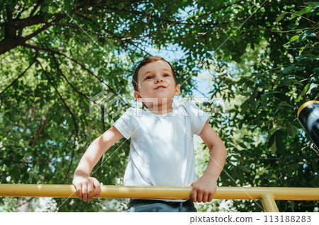 child boy playing and climbing on horizontal bars on playground in summer 113188283