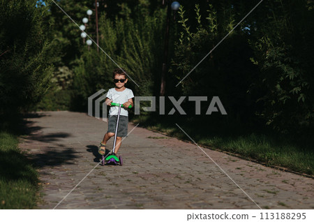 preschooler boy rides a scooter in park in summer preschooler boy rides a scooter in park in summer 113188295