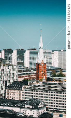 Stockholm, Sweden. Elevated View Of St. Clara Or Saint Klara Church In Summer Sunny Modern Cityscape Skyline. Stockholm, Sweden. Elevated View Of St. Clara Or Saint Klara Church In Summer Sunny Modern Cityscape Skyline. 113188485