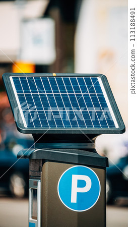 Stockholm, Sweden. Parking Machine Equipped With A Solar Battery For Recharging From Solar Energy Light. Electronic Payment That Issues A Permit To Parking Car. 113188491