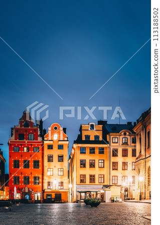 Stockholm, Sweden. Famous Old Colorful Houses, Swedish Academy and Nobel Museum In Old Square Stortorget In Gamla Stan. Famous Landmarks And Popular Place. Stockholm, Sweden. Famous Old Colorful Houses, Swedish Academy and Nobel Museum In Old Square Stortorget In Gamla Stan. Famous Landmarks And Popular Place. 113188502