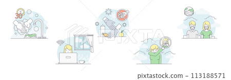 Quarantine and Coronavirus Preventive Measure Line Vector Set Quarantine and Coronavirus Preventive Measure Line Vector Set 113188571