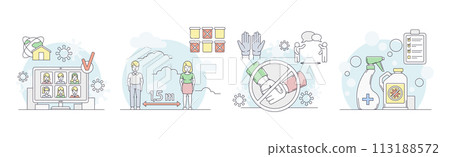 Quarantine and Coronavirus Preventive Measure Line Vector Set 113188572