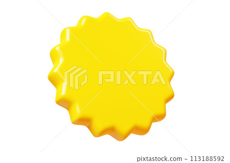 Yellow round starburst sticker floating in air. 3D render illustration circle sale banner and text box for promotion and discount sign. Flying in different angles sunburst badge icon. 113188592