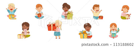 Happy Kid Receive Gift Box Open Present with Excitement Vector Set 113188602