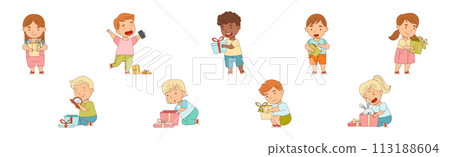 Happy Kid Receive Gift Box Open Present with Excitement Vector Set Happy Kid Receive Gift Box Open Present with Excitement Vector Set 113188604