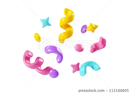 Birthday party popper confetti streamers 3d render illustration. Surprise or winner congratulation serpentine with ribbons and stars. Fly and float party decor after explosion of firecracker. Birthday party popper confetti streamers 3d render illustration. Surprise or winner congratulation serpentine with ribbons and stars. Fly and float party decor after explosion of firecracker. 113188605