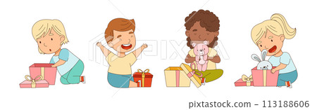Happy Kid Receive Gift Box Open Present with Excitement Vector Set 113188606