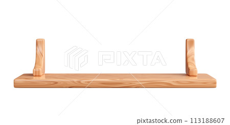 Empty wooden wall shelf. 3D render illustration of blank bookshelf mockup with light brown wood texture for store or home interior. Board rack for storage and product display. 113188607