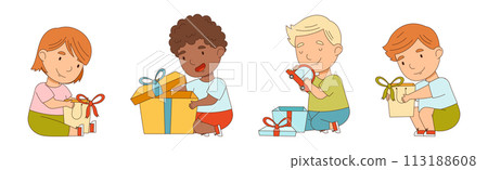 Happy Kid Receive Gift Box Open Present with Excitement Vector Set 113188608