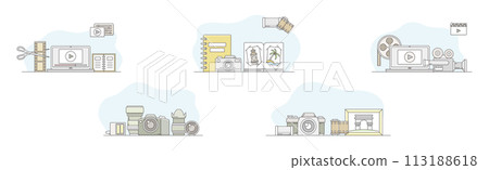 Movie Production and Filmmaking or Motion Picture Record Line Vector Set 113188618