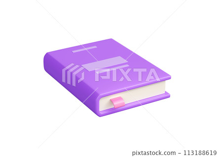 Closed lying purple paper book with pink bookmark 3d render illustration. Literature with hardcover for education, reading and bookshop concept. School and library knowledges element. 113188619