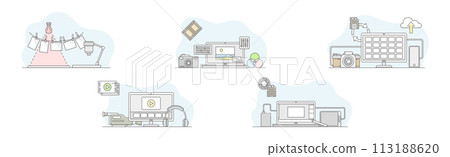 Movie Production and Filmmaking or Motion Picture Record Line Vector Set 113188620