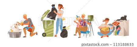 Man Character Doing Housework and Domestic Chores Vector Set 113188633