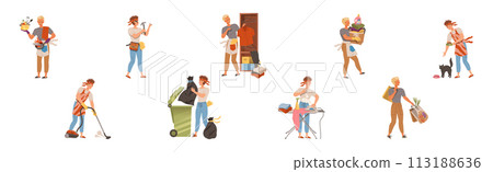 Man Character Doing Housework and Domestic Chores Vector Set 113188636