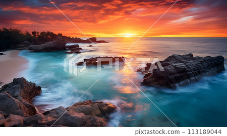 Amazing sunset over the ocean with beautiful rock formations in 113189044