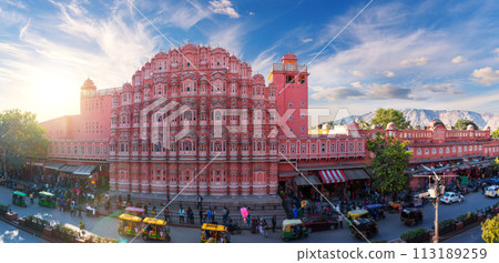 Hawa Mahal palace, full view panorama of the City Palace Complex, Jaipur, Rajasthan, India Hawa Mahal palace, full view panorama of the City Palace Complex, Jaipur, Rajasthan, India 113189259