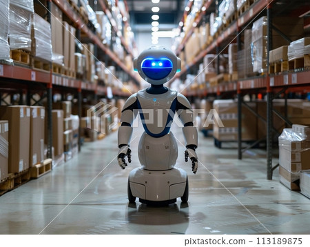 AI Generated robot is in charge of a warehouse, automatic working design concept. AI Generated robot is in charge of a warehouse, automatic working design concept. 113189875