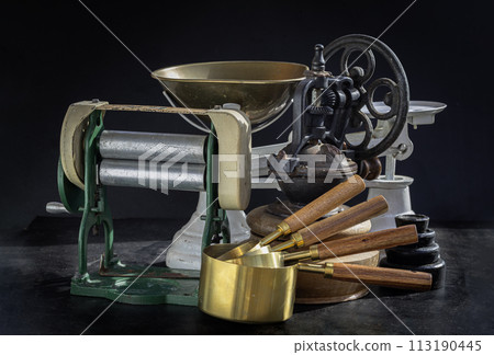 Pasta maker with hand crank, Original coffee grinder metal shake wheel with hand crank, Weight scale and Brass Measuring Cups. 113190445