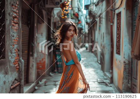 A woman in a dress is walking down a narrow street 113190625